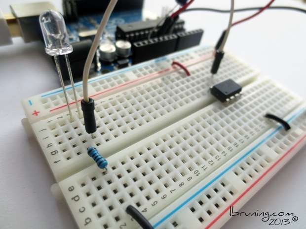 Arduino Uno connected to Breadboard used for Programing ATtiny45 Blink Test