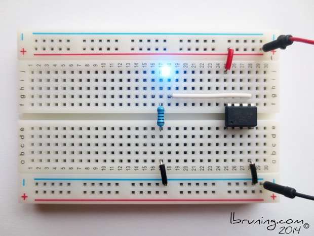 Breadboard Prototype for ATtiny45 blink 1 LED