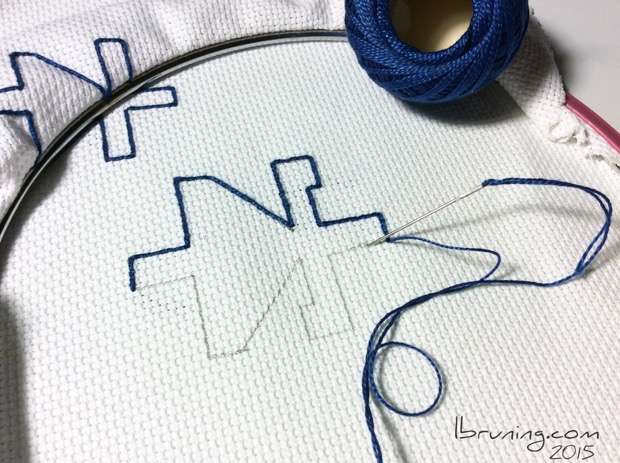 Embroidery of Electronic Symbols with Blue Floss on White Aida Cloth