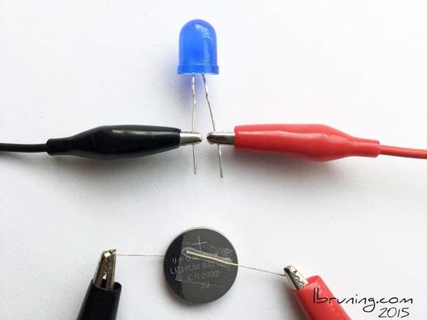 10mm Blue LED with Conductive Thread attachment to 3V Coin Cell Battery